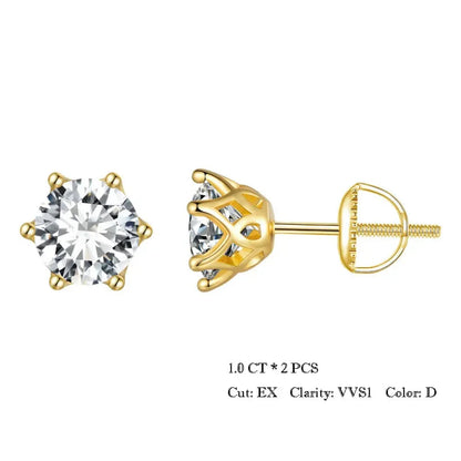 Radiant Moissanite Stud Earrings | D Color Round Cut 925 Silver Gold Plated - 1.0Ct X 2