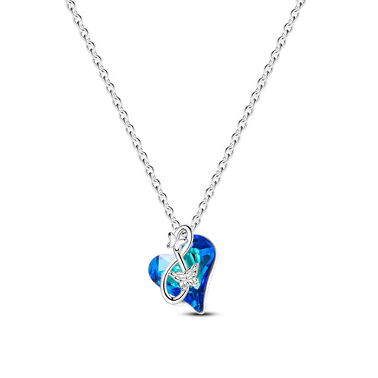 925 Sterling Silver Blue Crystal Heart & Butterfly Necklace - Necklaces