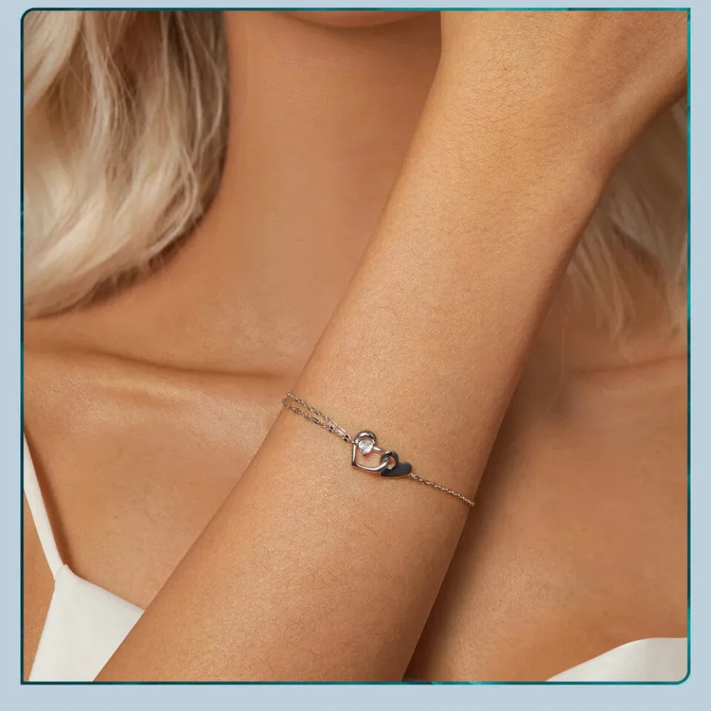 Double Hearts of Love - Sterling Silver Bracelet with Adjustable Chain - Bracelets