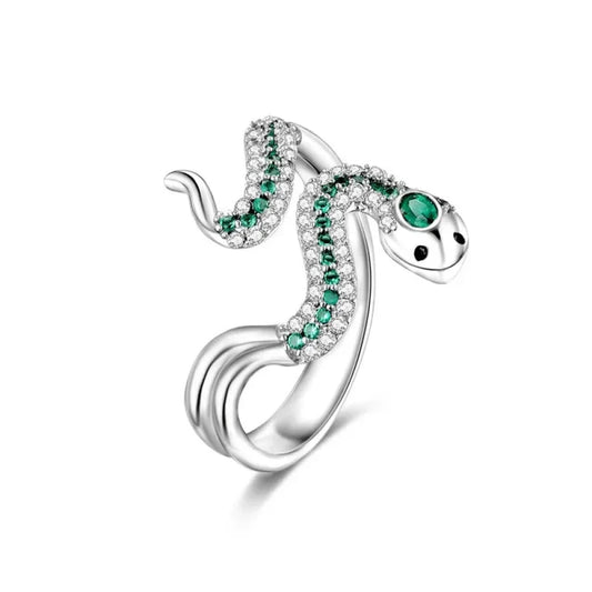 Uncoil Enchantment: Green Snake Ring with Shimmering Zirconia - Rings