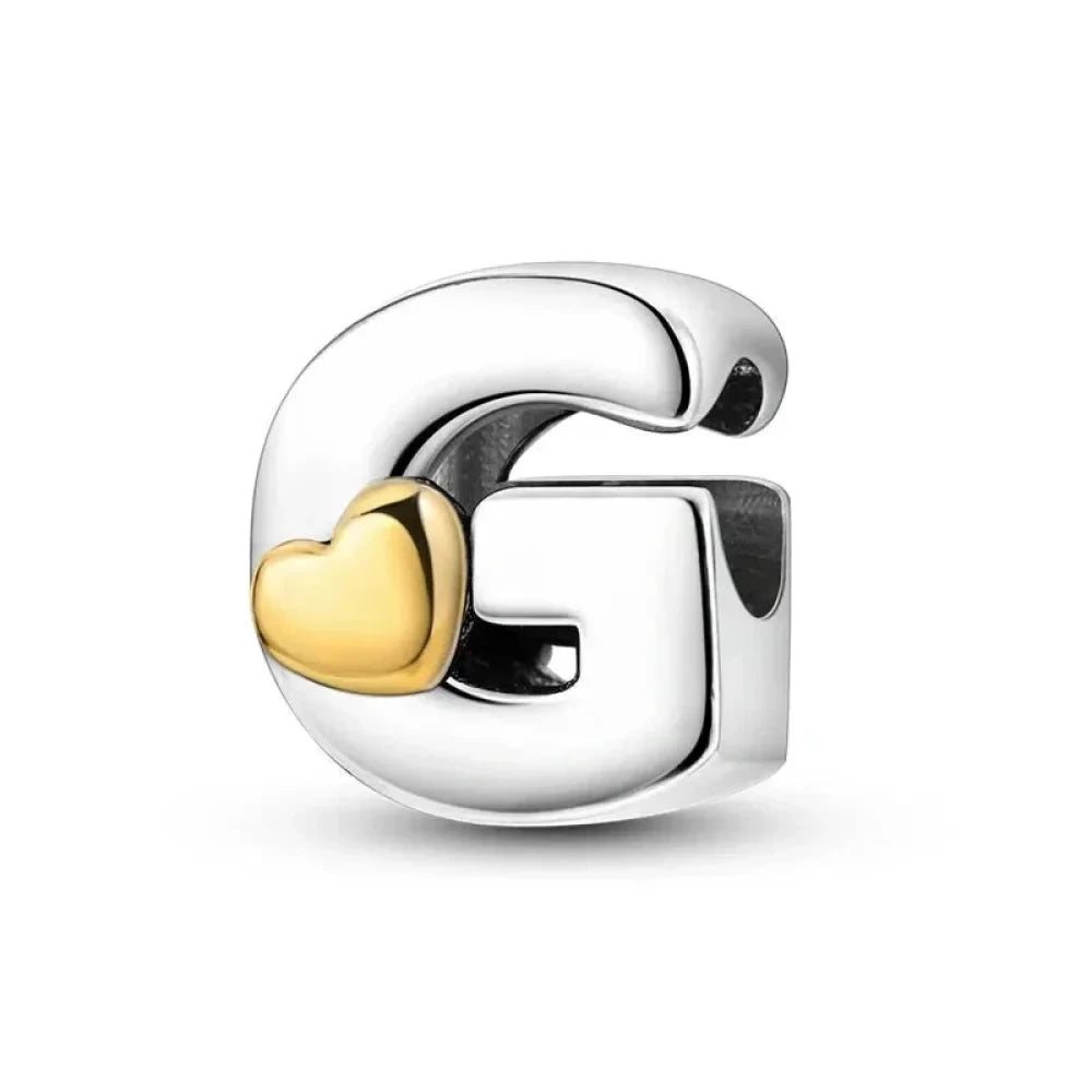 Personalize Your Bracelet: 925 Silver Alphabet Bead with Gold Heart - G - Charms