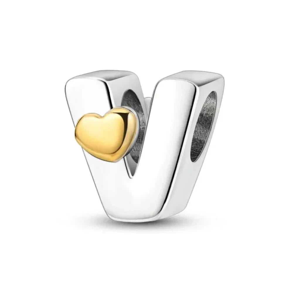 Personalize Your Bracelet: 925 Silver Alphabet Bead with Gold Heart - V - Charms