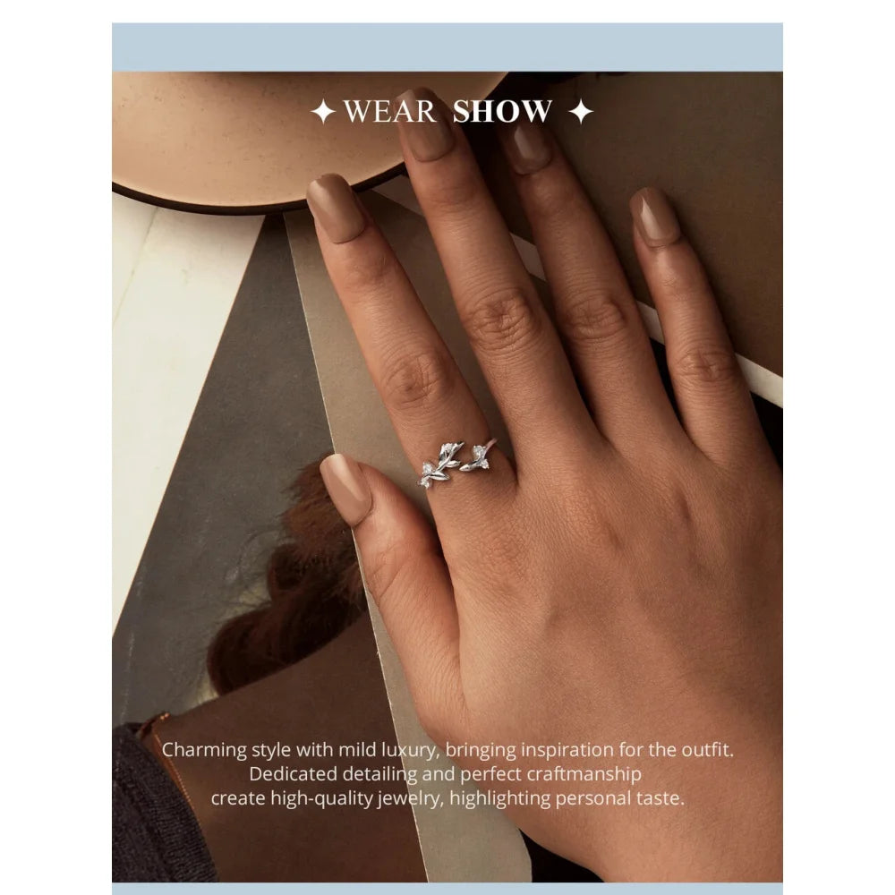 Nature’s Embrace - Sterling Silver Double Leaf Ring with Sparkling Zirconia - Rings