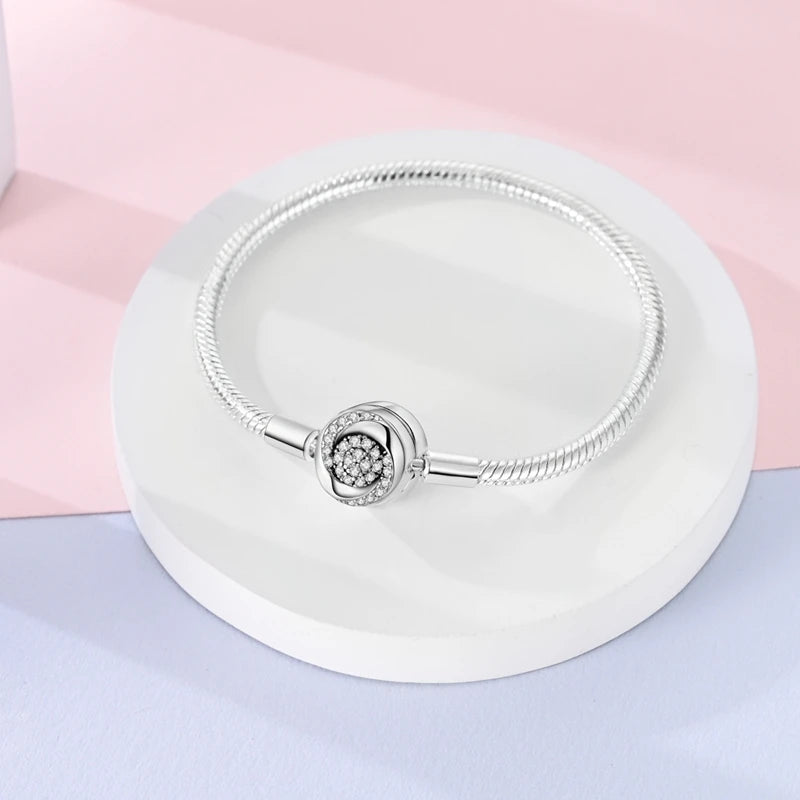 Elegant Sterling Silver Rose Clasp Snake Chain Bracelet - Charm Bracelets