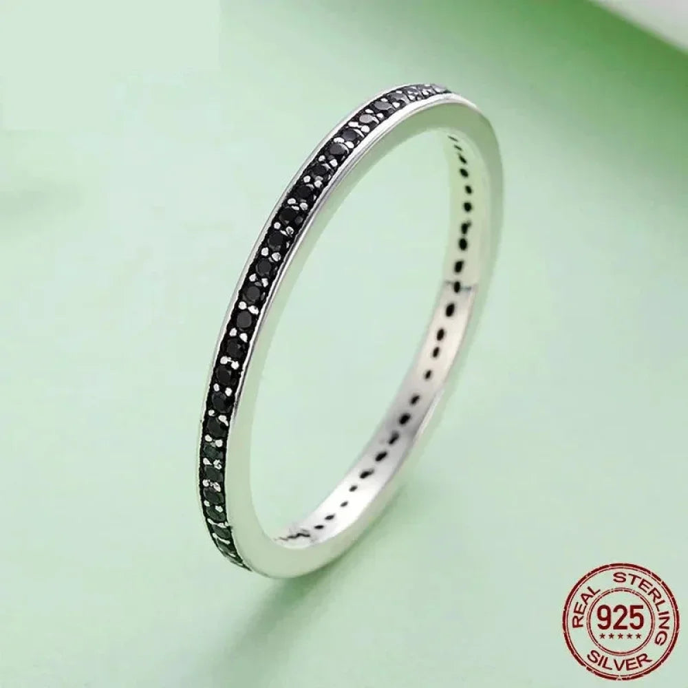 Breathtaking 925 Sterling Silver Double Circle Black Clear CZ Stackable Ring - Rings