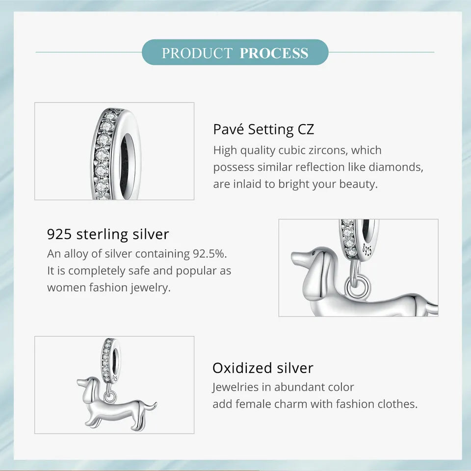 Genuine 925 Sterling Silver Pet Dog Charm for Bracelet - Poodle Dachshund Pendant - Charms