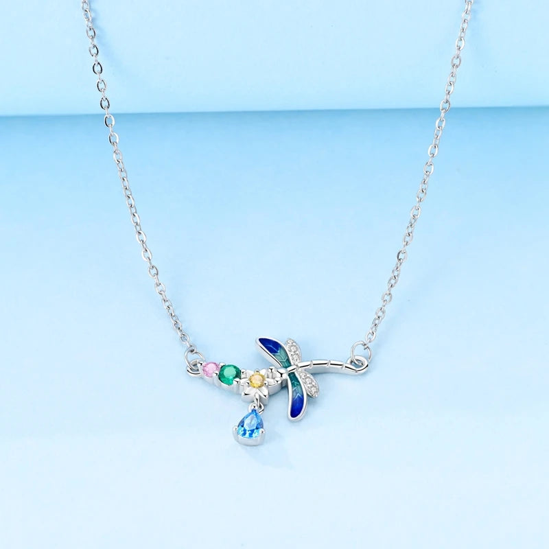 925 Sterling Silver Mystical Dragonfly Crystal Necklace - Necklaces