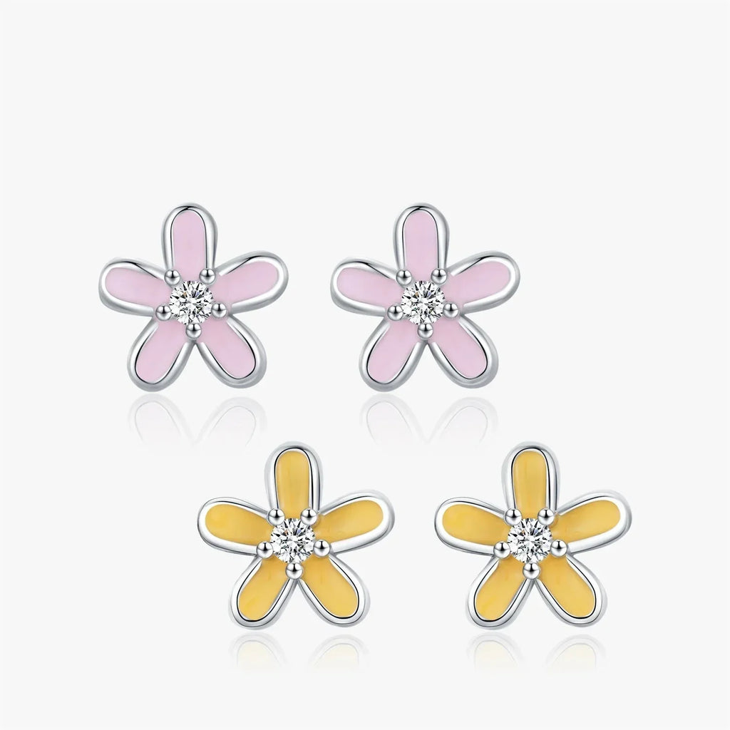 925 Sterling Silver Colorful Enamel Flower Stud Earrings Minimalist & Cute