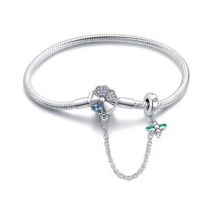 Delicate Sterling Silver Bracelet with Clover and Dragonfly Charms - Charm Bracelets
