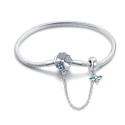 Delicate Sterling Silver Bracelet with Clover and Dragonfly Charms - Charm Bracelets