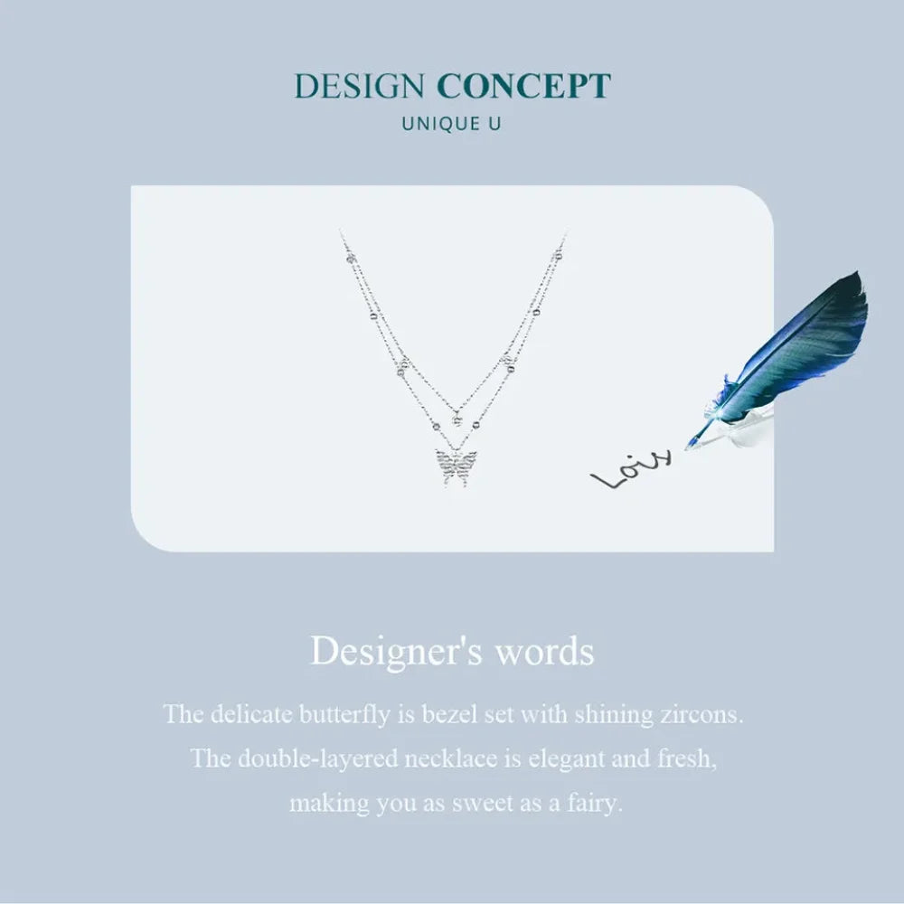 925 Sterling Silver Double-layer Tassel Butterfly Pendant Necklace for Women - Elegant Fine jewellery - Necklaces