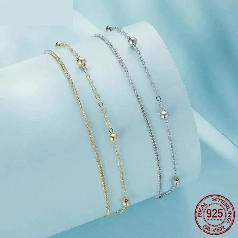 Double-Layered Round Beads 925 Sterling Silver Chain Bracelet with 14K Gold Plating - Bracelets