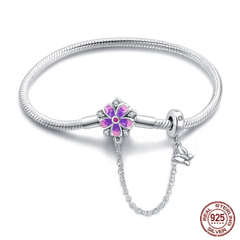 Enchanting Floral Sterling Silver Charm Bracelet With Safety Chain - 20 Cm - Bracelets