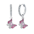 Delicate Pink Butterfly Sterling Silver Hoop Earrings with Cubic Zirconia Drop