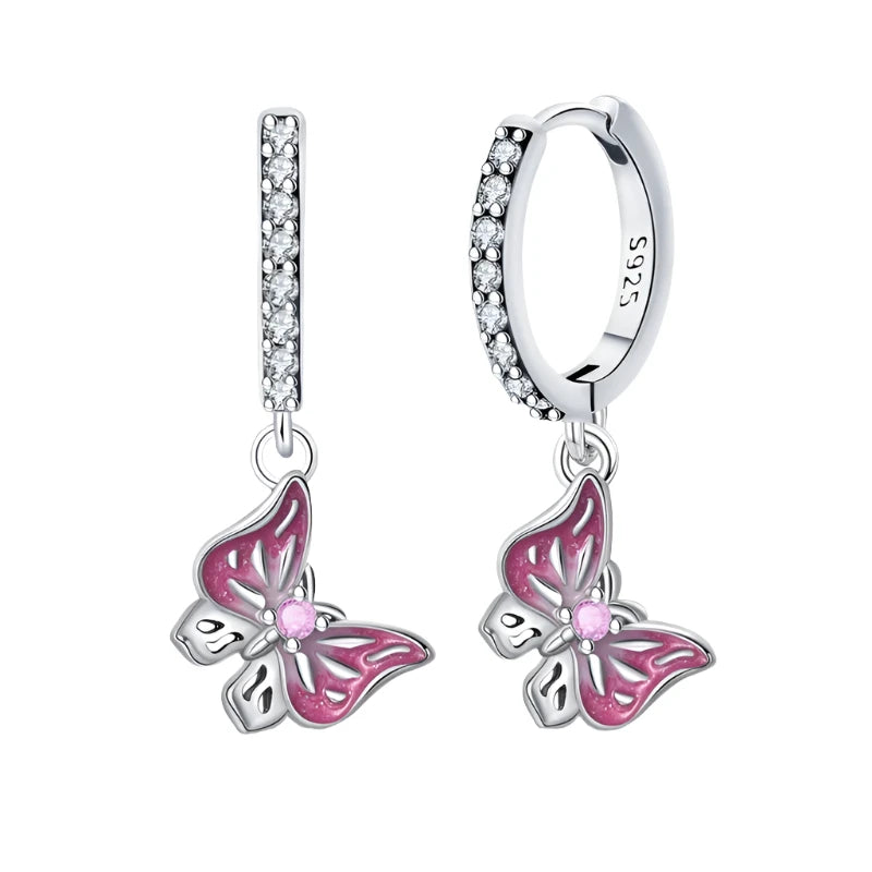 Delicate Pink Butterfly Sterling Silver Hoop Earrings with Cubic Zirconia - Drop
