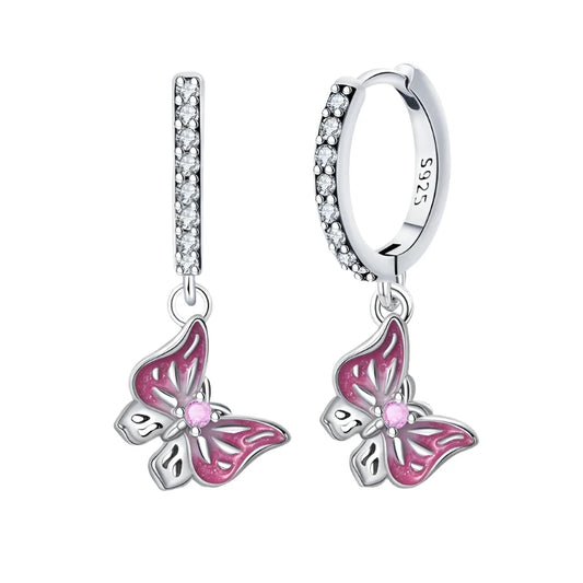 Delicate Pink Butterfly Sterling Silver Hoop Earrings with Cubic Zirconia - Drop