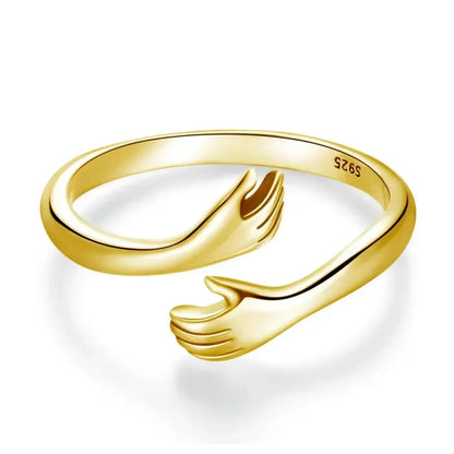925 Sterling Silver Hug Warmth and Love Hand Adjustable Ring for Women - His Big Loving Hugs in 3 Colors - Gold - Rings