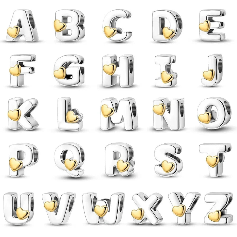 Personalize Your Bracelet: 925 Silver Alphabet Bead with Gold Heart - Charms