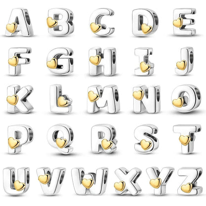 Personalize Your Bracelet: 925 Silver Alphabet Bead with Gold Heart - Charms