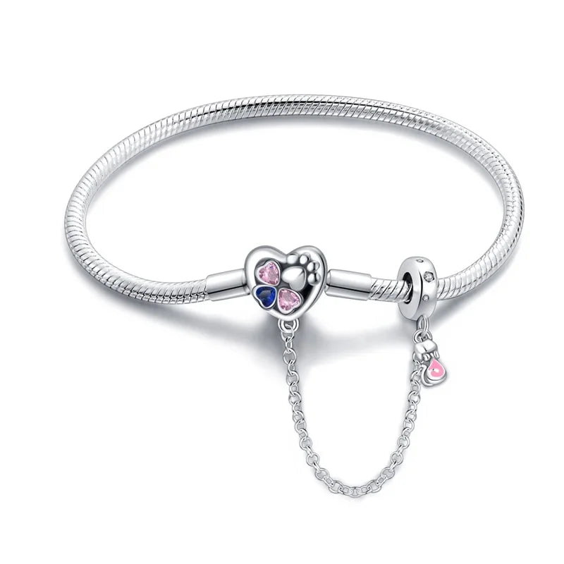 Heartfelt Paw Print Sterling Silver Charm Bracelet With Safety Chain - Bracelets