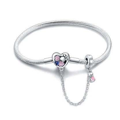 Heartfelt Paw Print Sterling Silver Charm Bracelet With Safety Chain - Bracelets