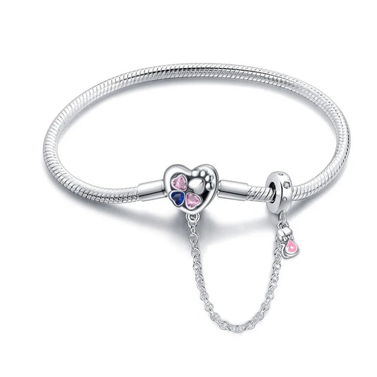Heartfelt Paw Print Sterling Silver Charm Bracelet With Safety Chain - Bracelets