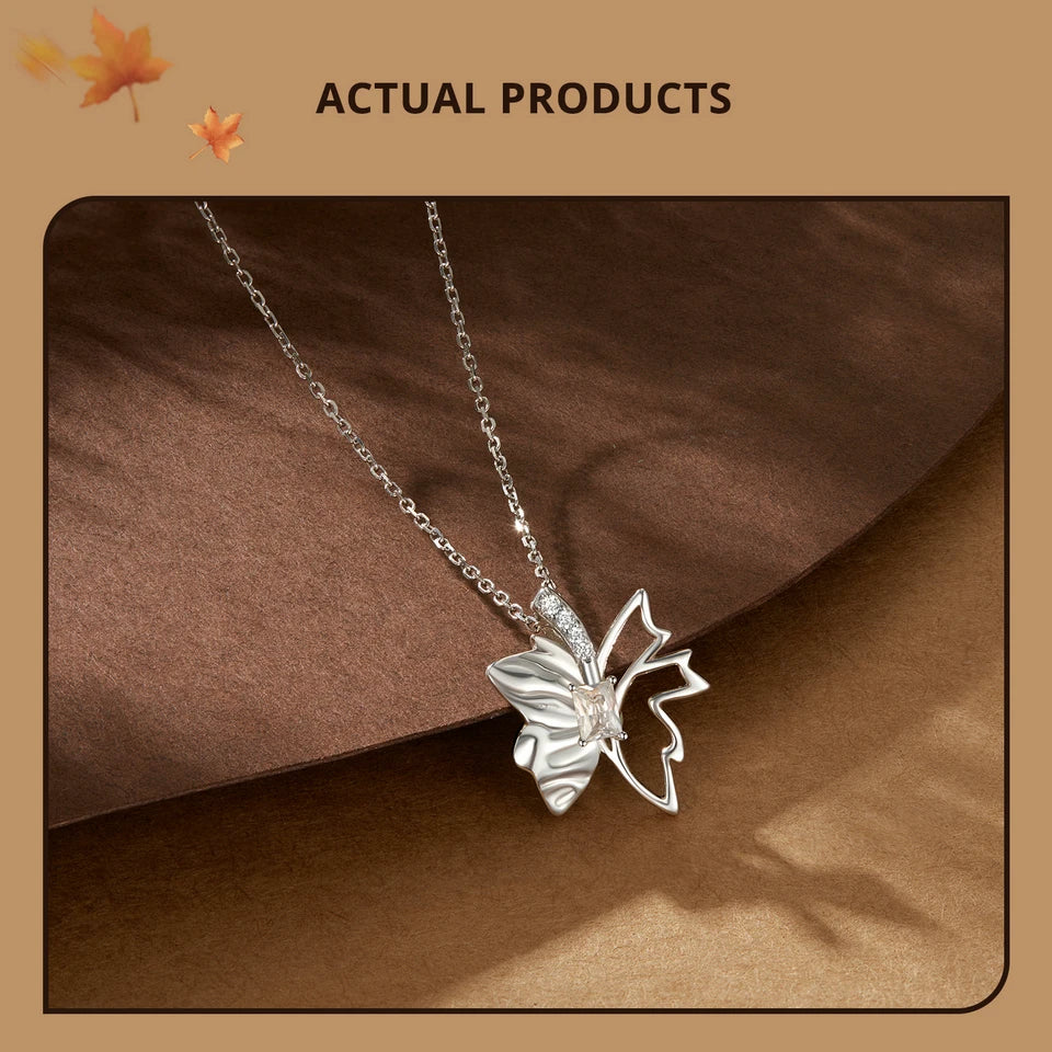 Autumn Elegance: White Gold Plated Sterling Silver Leaf Butterfly Necklace - Pendant Necklaces
