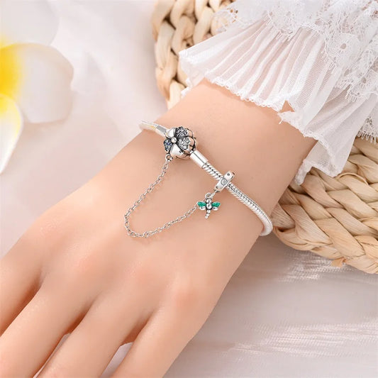 Delicate Sterling Silver Bracelet with Clover and Dragonfly Charms - Charm Bracelets