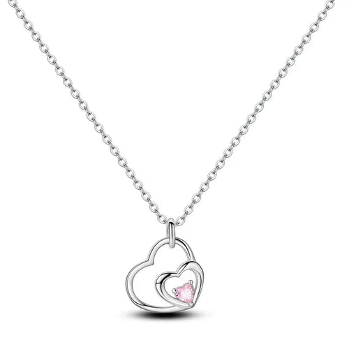 925 Sterling Silver Double Heart Necklace with Pink Crystal Necklaces