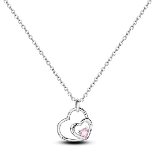 925 Sterling Silver Double Heart Necklace with Pink Crystal - Necklaces