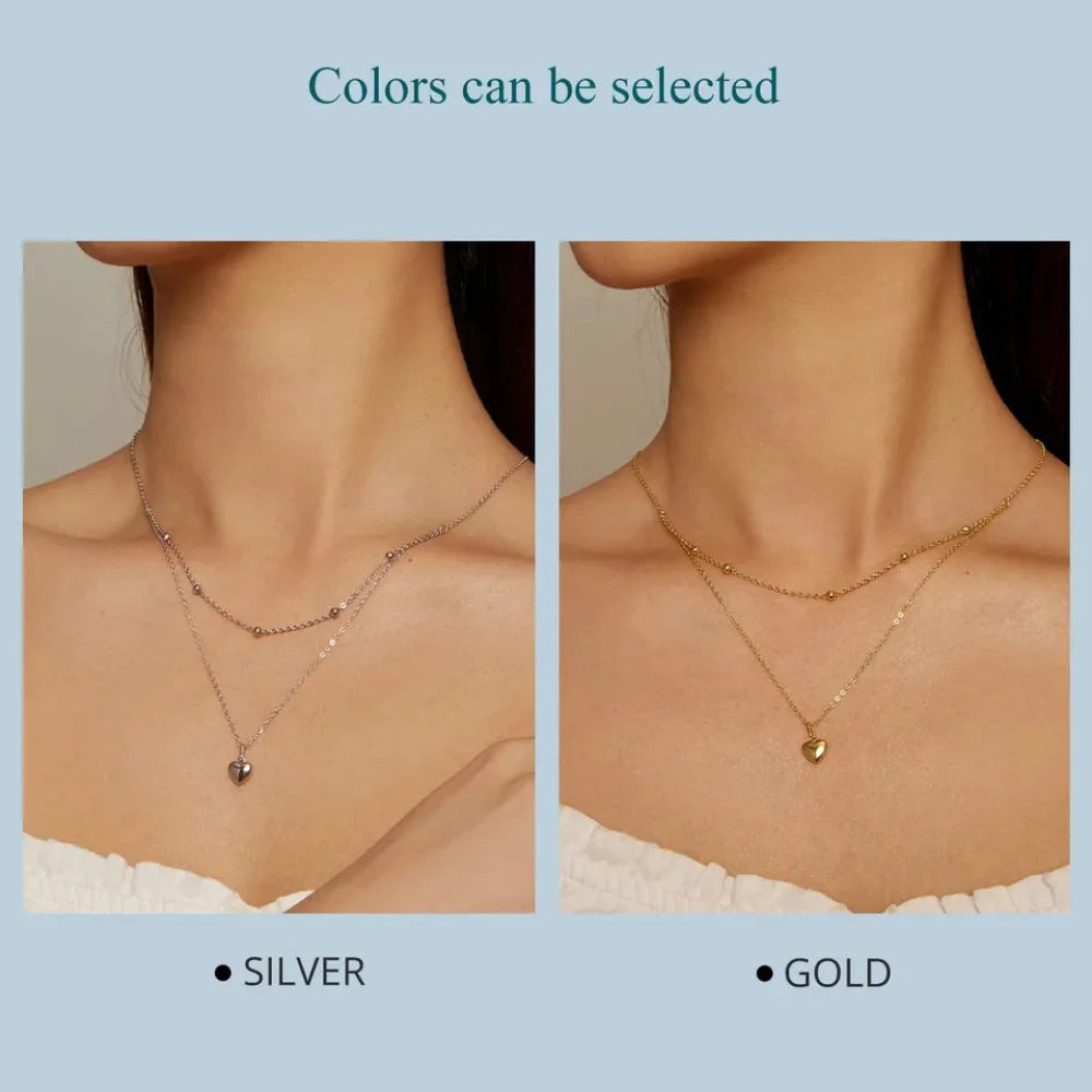 925 Sterling Silver Heart Pendant Necklace - Elegant Double Layer Choker for Women - BSN168 - Necklaces