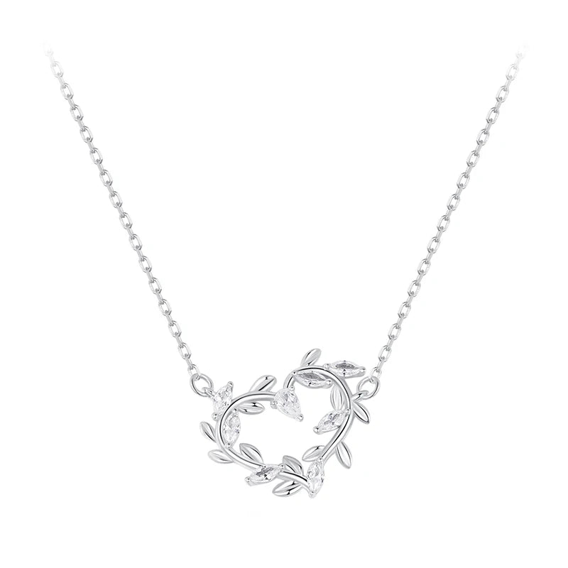 Infinite Love: White Gold Plated Leaves Heart Sterling Silver Necklace - Necklaces
