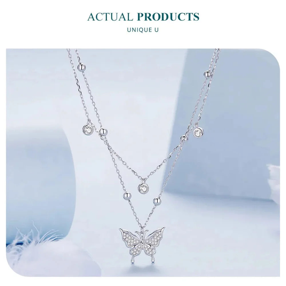 925 Sterling Silver Double-layer Tassel Butterfly Pendant Necklace for Women - Elegant Fine jewellery - Necklaces