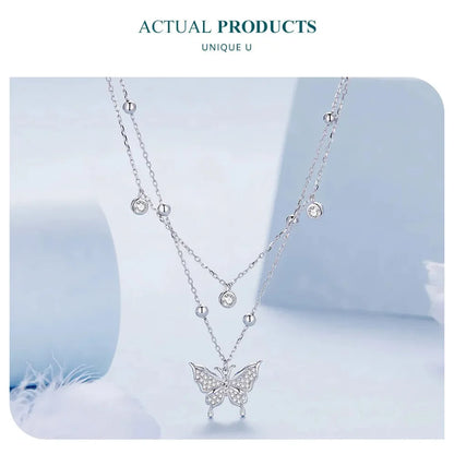 925 Sterling Silver Double-layer Tassel Butterfly Pendant Necklace for Women - Elegant Fine jewellery - Necklaces
