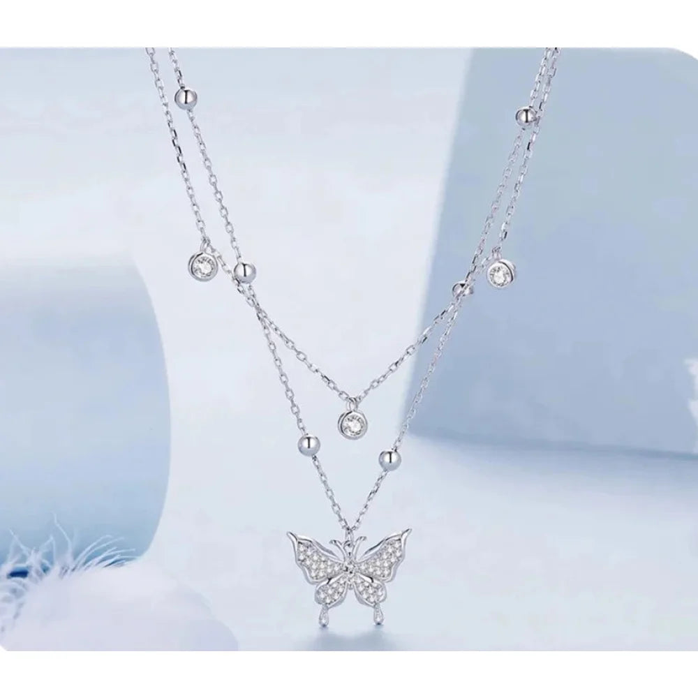 925 Sterling Silver Double-layer Tassel Butterfly Pendant Necklace for Women - Elegant Fine jewellery - Necklaces