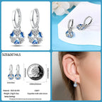 Elegant Blue Flower Charm Sterling Silver Hoop Earrings Drop