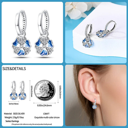 Elegant Blue Flower Charm Sterling Silver Hoop Earrings - Drop