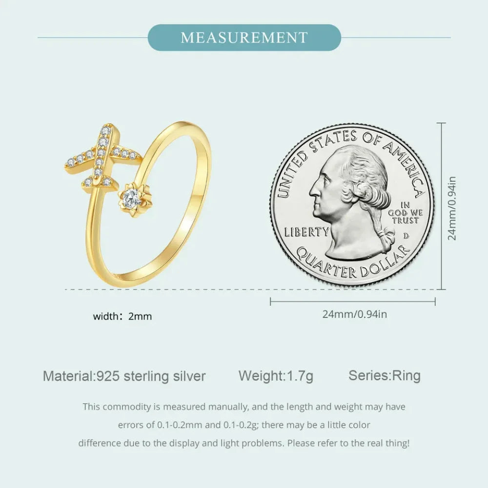 Genuine 925 Sterling Silver Flying Plane Open Adjustable Ring with Clear CZ - Fine jewellery - Rings