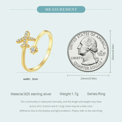 Genuine 925 Sterling Silver Flying Plane Open Adjustable Ring with Clear CZ - Fine jewellery - Rings