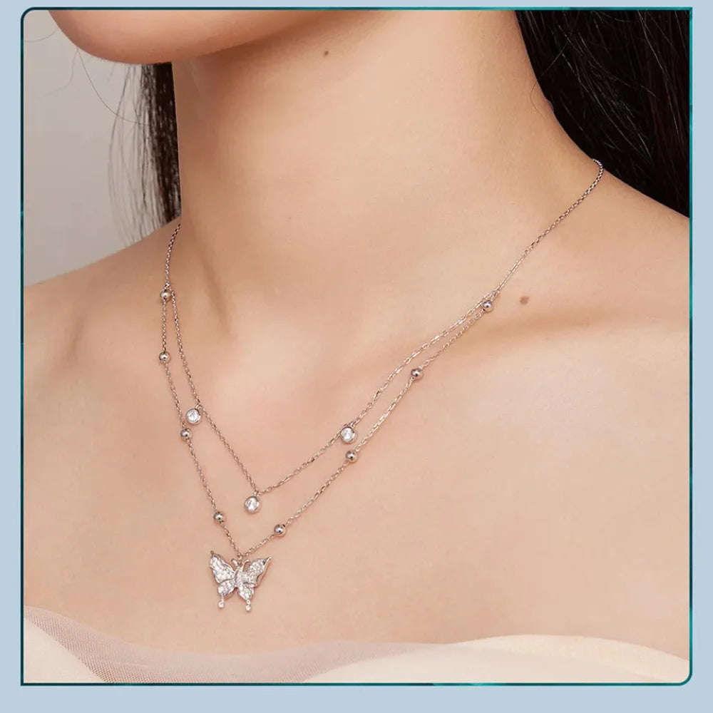 925 Sterling Silver Double-layer Tassel Butterfly Pendant Necklace for Women - Elegant Fine jewellery - Necklaces