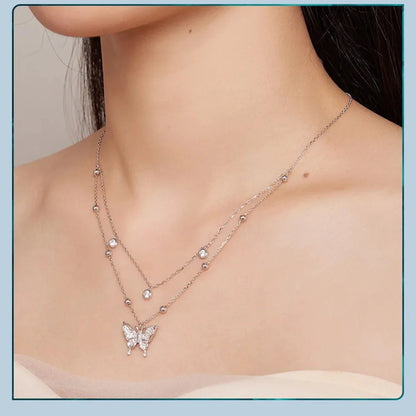 925 Sterling Silver Double-layer Tassel Butterfly Pendant Necklace for Women - Elegant Fine jewellery - Necklaces