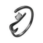 Playful Feline: Adjustable Sterling Silver Cat Ring With Long Tail Black Rings