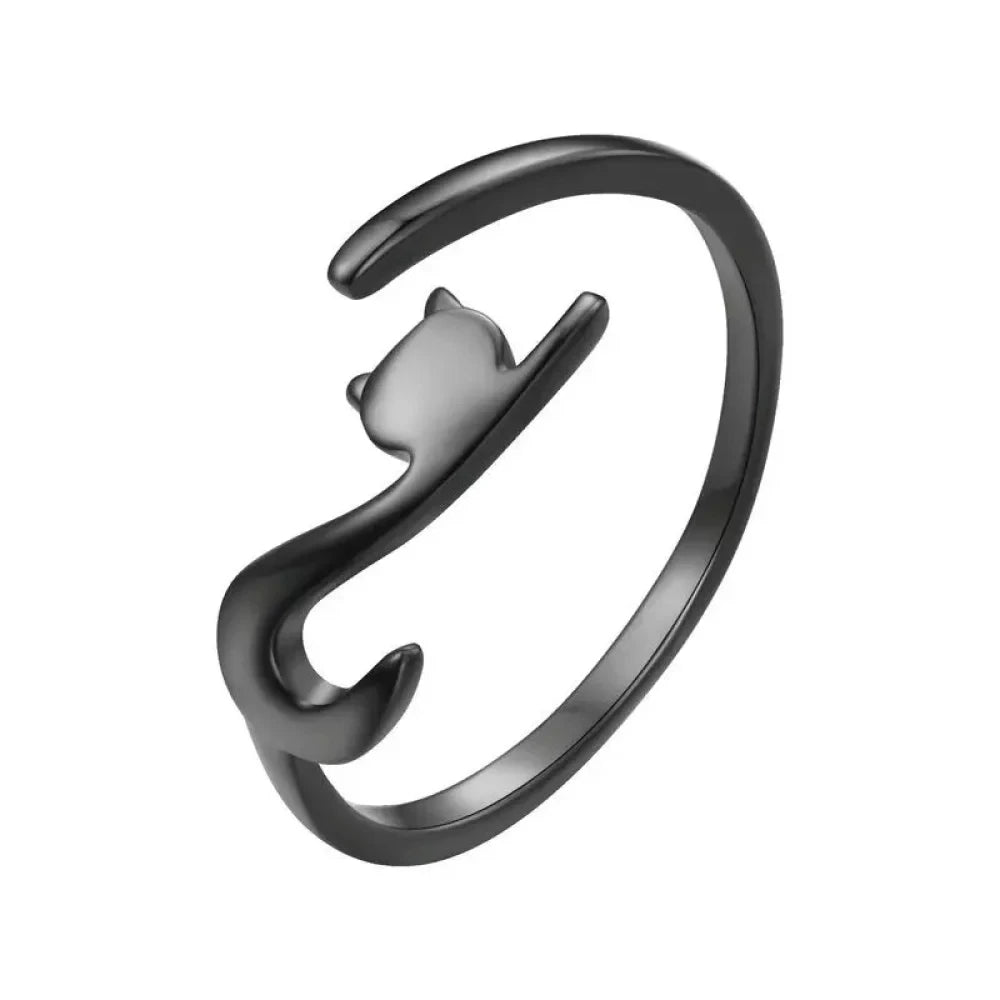 Playful Feline: Adjustable Sterling Silver Cat Ring with Long Tail - Black - Rings
