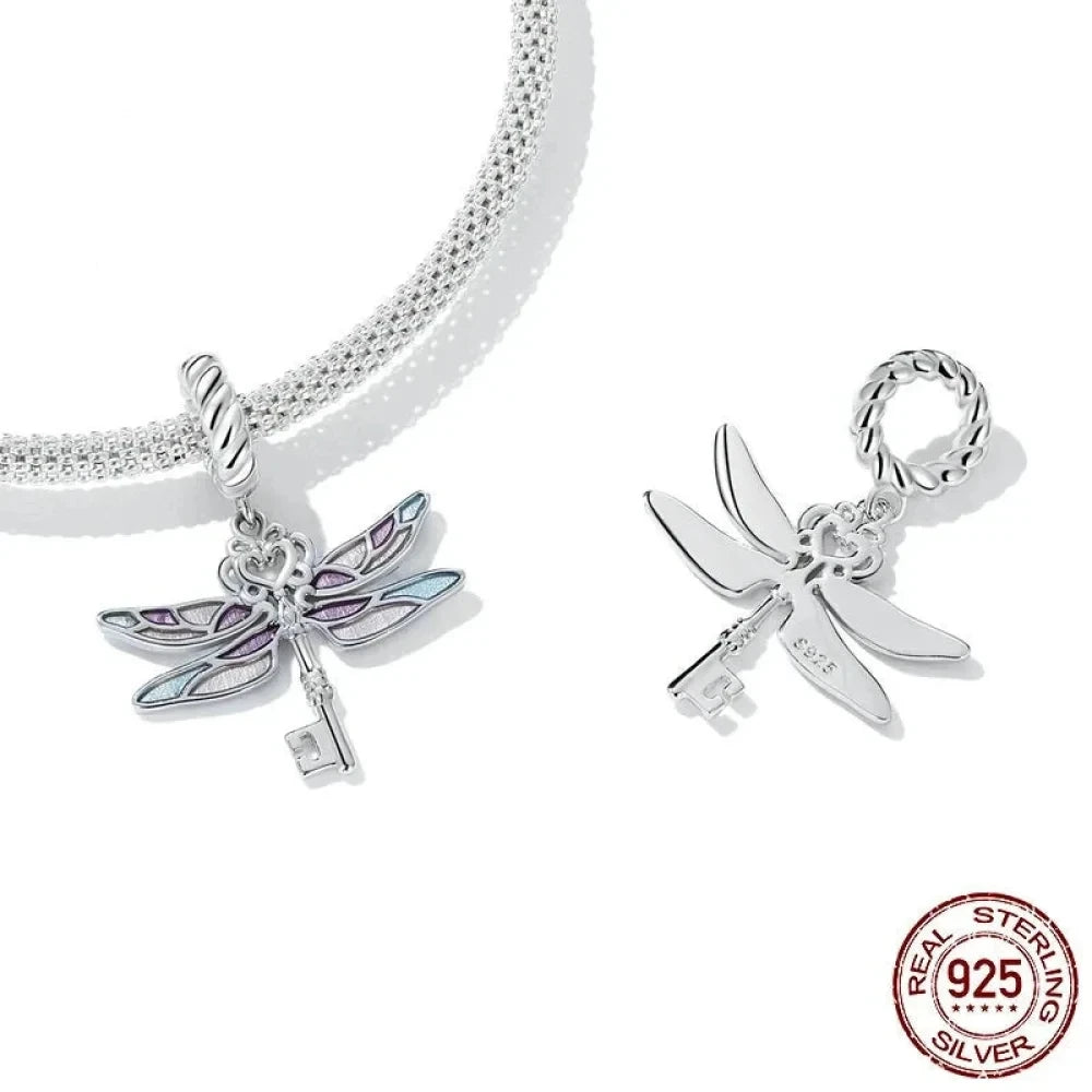 Sterling Silver Dragonfly Key Charm with Enamel - Colorful Pendant for Bracelets - Charms