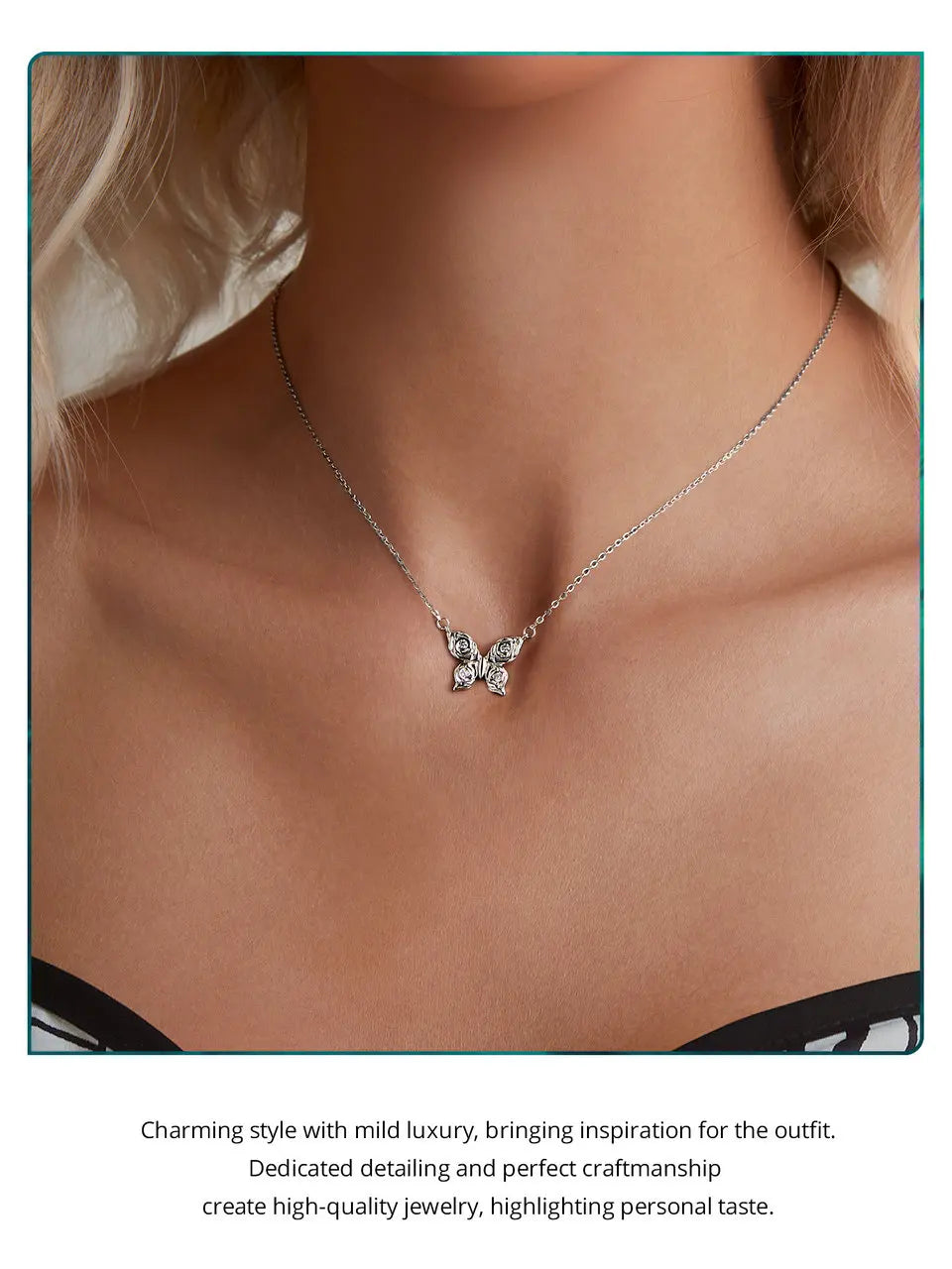 Romantic Elegance: Zircon White Gold Plated Rose Butterfly Sterling Silver Necklace - Necklaces
