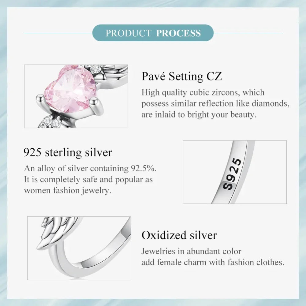 925 Sterling Silver Pink Heart Zircon Ring for Women - Love & Wing - Rings