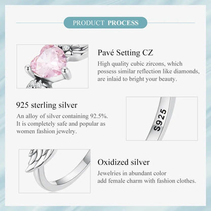 925 Sterling Silver Pink Heart Zircon Ring for Women - Love & Wing - Rings