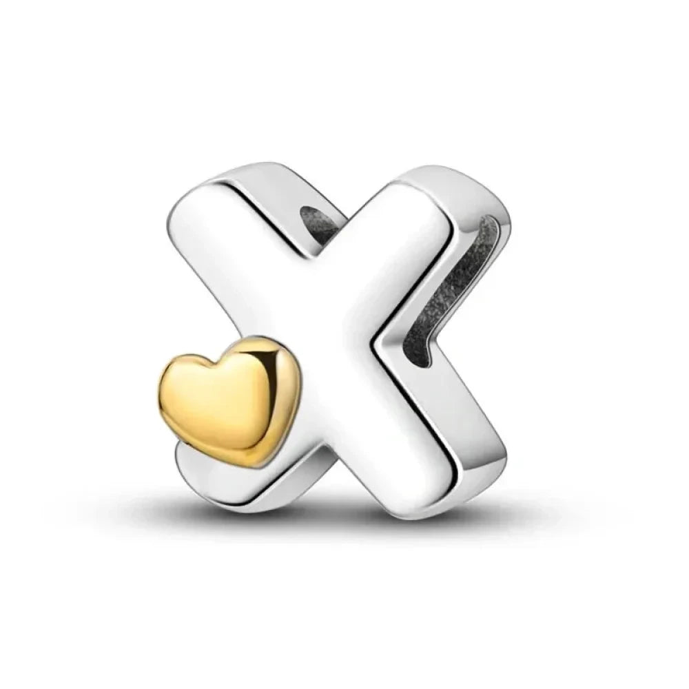 Personalize Your Bracelet: 925 Silver Alphabet Bead with Gold Heart - X - Charms