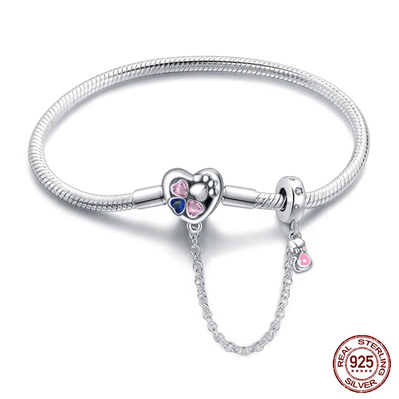 Heartfelt Paw Print Sterling Silver Charm Bracelet With Safety Chain - 20 Cm - Bracelets