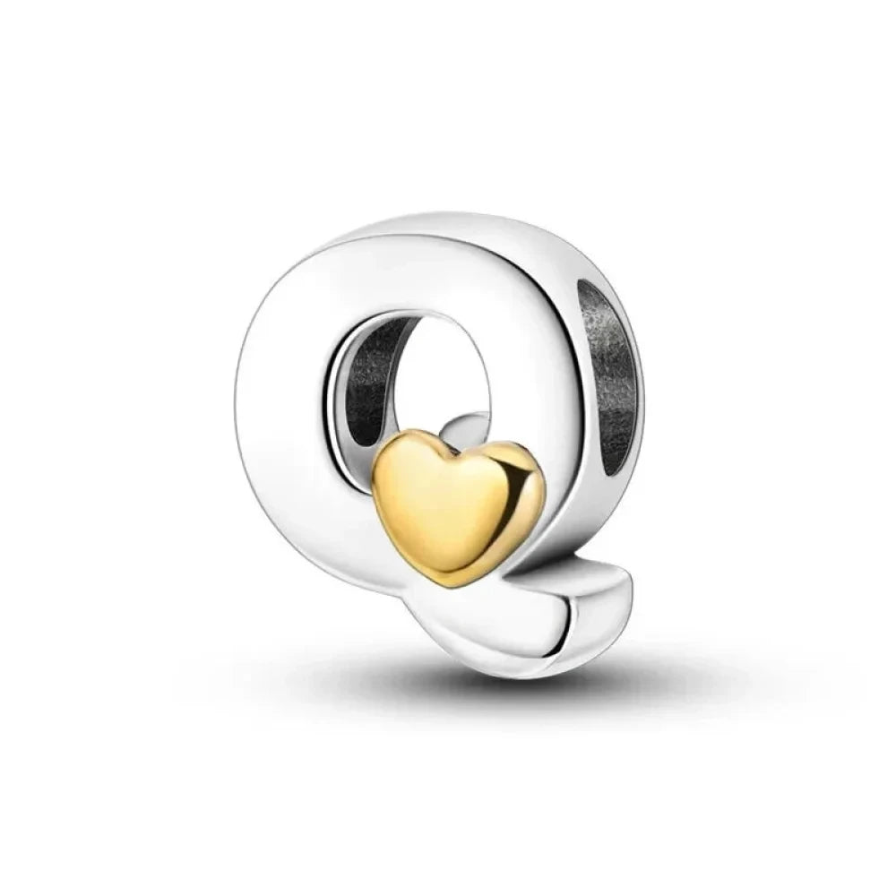 Personalize Your Bracelet: 925 Silver Alphabet Bead with Gold Heart - Q - Charms